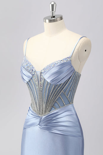 Sparkly Grey Blue Spaghetti Straps Mermaid Long Prom Dress with Beading