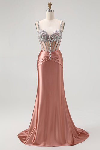 Sparkly Blush Mermaid Spaghetti Straps Satin Long Corset Prom Dress with Beading