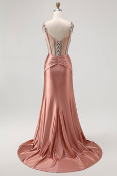 Sparkly Blush Mermaid Spaghetti Straps Satin Long Corset Prom Dress with Beading