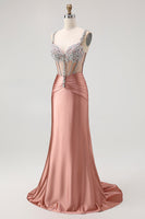 Load image into Gallery viewer, Sparkly Blush Mermaid Spaghetti Straps Satin Long Corset Prom Dress with Beading