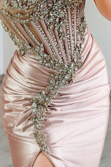 Sparkly Grey Pink Mermaid Satin Long Corset Prom Dress with Slit