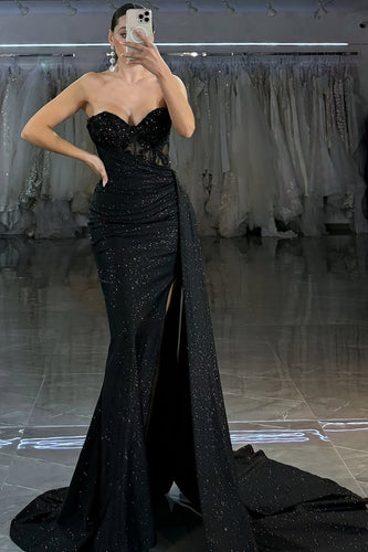 Sparkly Black Mermaid Sweetheart Long Corset Prom Dress with Beading