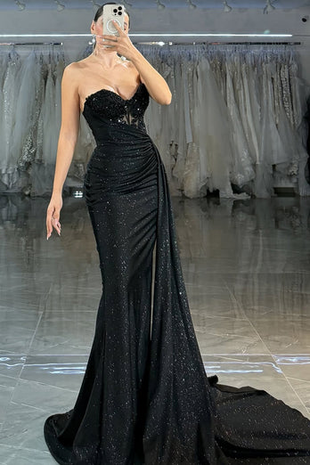 Sparkly Black Mermaid Sweetheart Long Corset Prom Dress with Beading