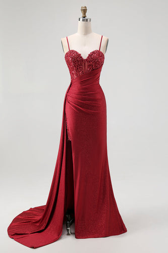 Sparkly Mermaid Burgundy Spaghetti Straps Long Corset Prom Dress with Beading