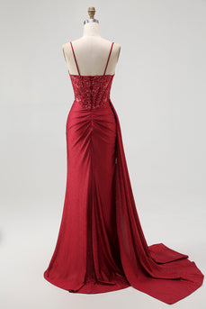 Sparkly Mermaid Burgundy Spaghetti Straps Long Corset Prom Dress with Beading
