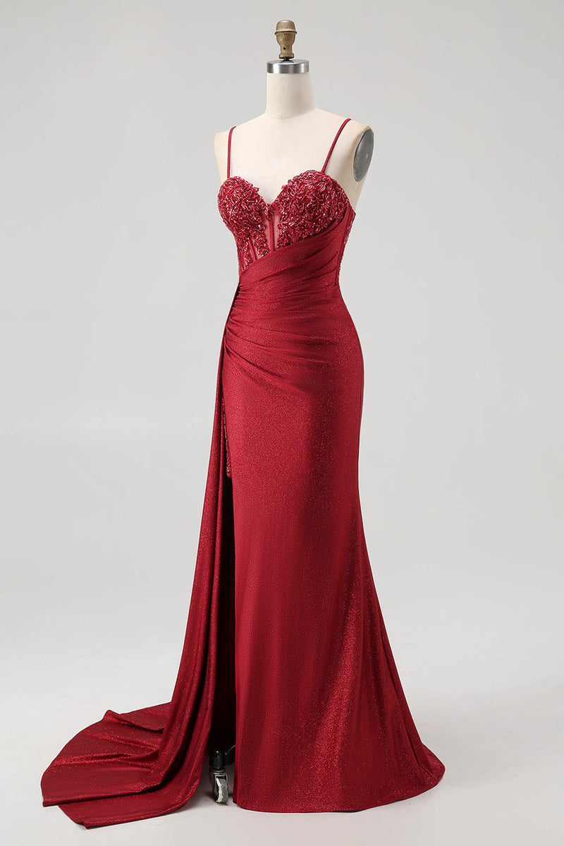 Load image into Gallery viewer, Sparkly Mermaid Burgundy Spaghetti Straps Long Corset Prom Dress with Beading