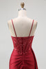 Load image into Gallery viewer, Sparkly Mermaid Burgundy Spaghetti Straps Long Corset Prom Dress with Beading