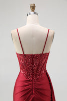 Load image into Gallery viewer, Sparkly Mermaid Burgundy Spaghetti Straps Long Corset Prom Dress with Beading