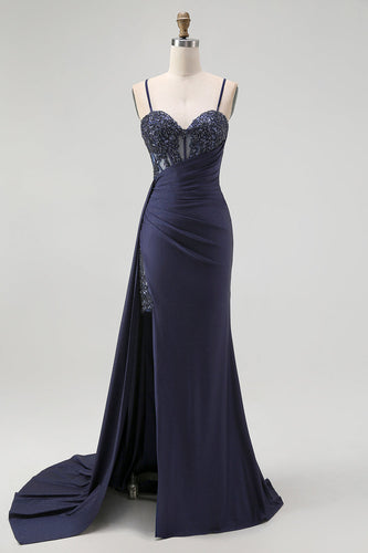 Sparkly Navy Mermaid Spaghetti Straps Corset Long Prom Dress with Beading