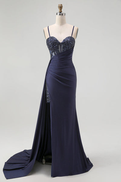 Sparkly Navy Mermaid Spaghetti Straps Corset Long Prom Dress with Beading