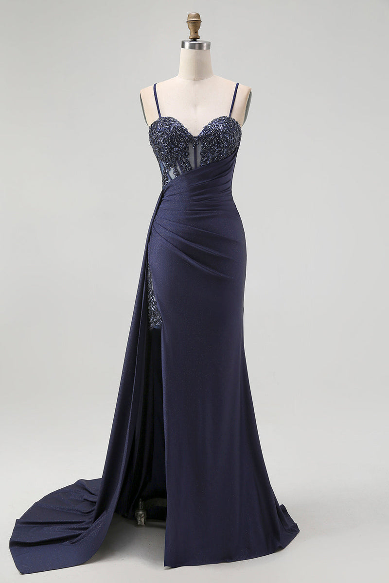 Load image into Gallery viewer, Sparkly Mermaid Burgundy Spaghetti Straps Long Corset Prom Dress with Beading