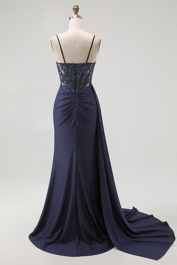 Sparkly Mermaid Burgundy Spaghetti Straps Long Corset Prom Dress with Beading