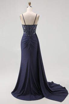 Sparkly Navy Mermaid Spaghetti Straps Corset Long Prom Dress with Beading