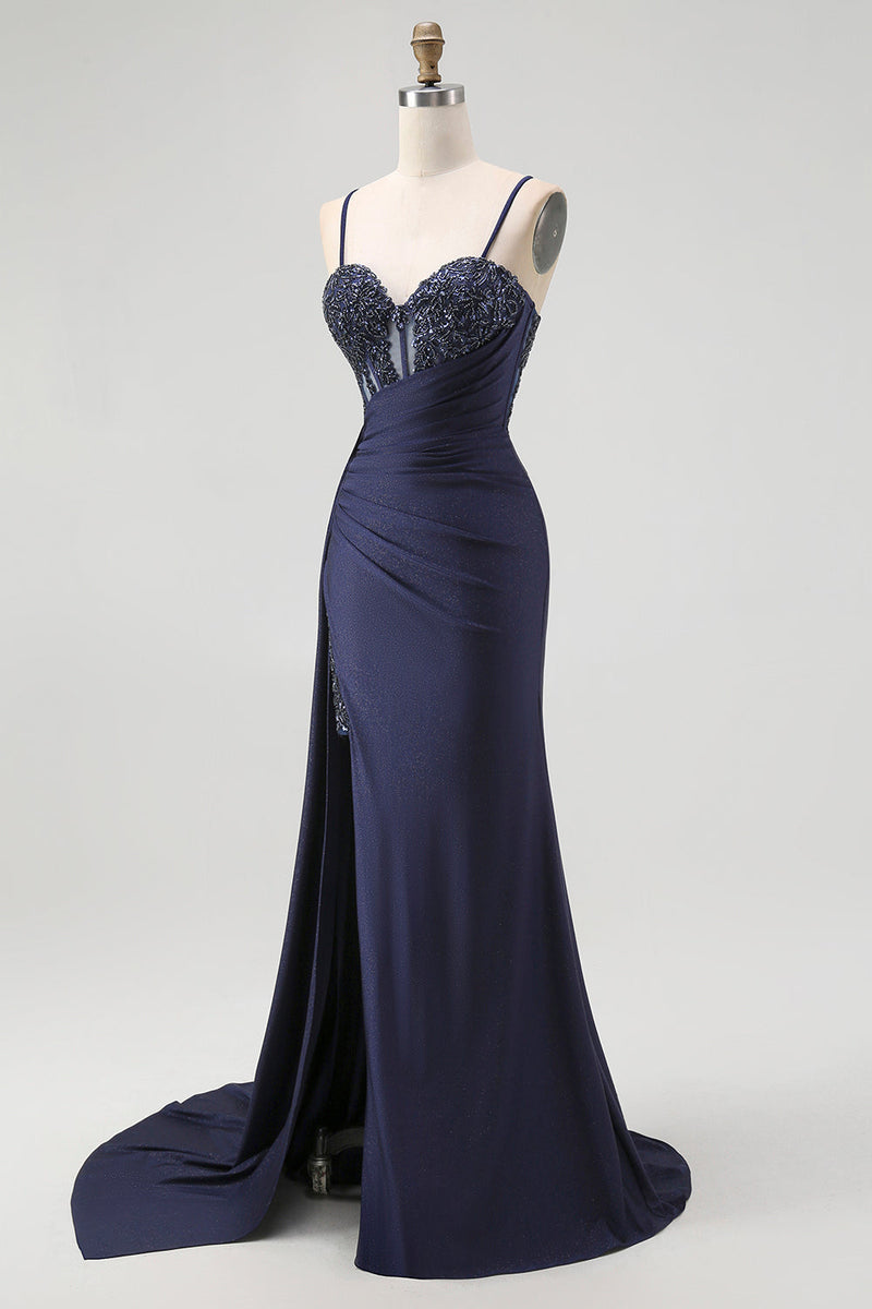 Load image into Gallery viewer, Sparkly Mermaid Burgundy Spaghetti Straps Long Corset Prom Dress with Beading