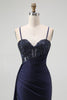 Load image into Gallery viewer, Sparkly Mermaid Burgundy Spaghetti Straps Long Corset Prom Dress with Beading