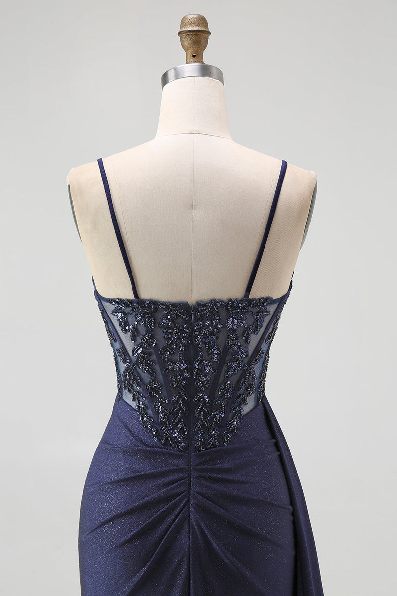 Load image into Gallery viewer, Sparkly Mermaid Burgundy Spaghetti Straps Long Corset Prom Dress with Beading