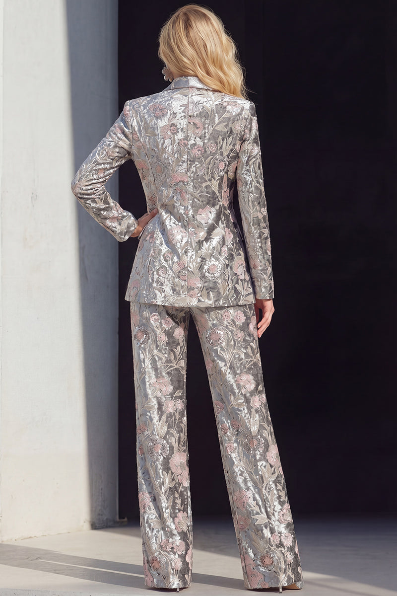Load image into Gallery viewer, Sparkly 2 Piece Grey Peak Lapel Floral Women Prom Suits with Sequins