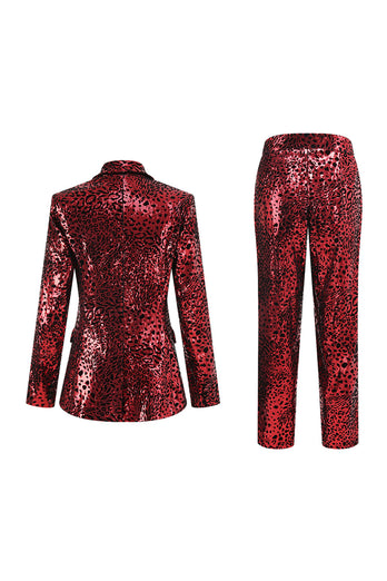 2 Piece Sparkly Red Leopard Sequin Peak Lapel Women Prom Suits
