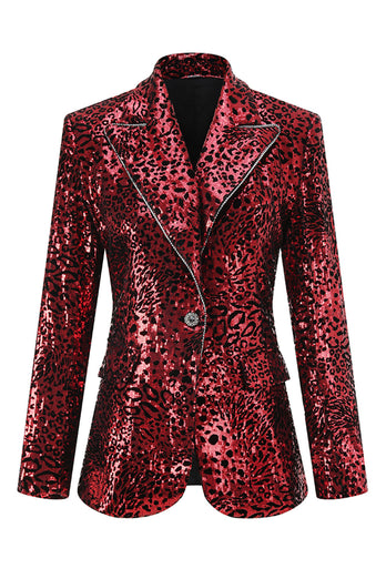 2 Piece Sparkly Red Leopard Sequin Peak Lapel Women Prom Suits