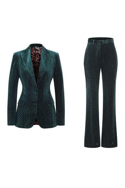2 Piece Sparkly Dark Green Peak Lapel Women Prom Suits