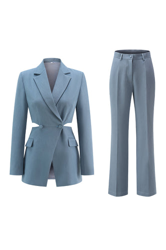 2 Piece Grey Blue Notched Lapel Cut Out Women Prom Suits