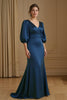 Load image into Gallery viewer, Navy Mermaid Satin V-Neck Long Wedding Guest Dress with Sleeves