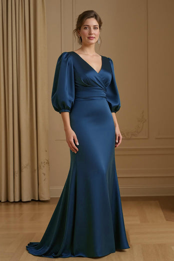 Navy Mermaid Satin V-Neck Long Wedding Guest Dress with Sleeves