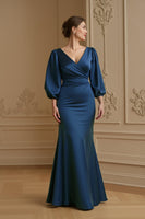 Load image into Gallery viewer, Navy Mermaid Satin V-Neck Long Wedding Guest Dress with Sleeves