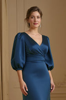 Load image into Gallery viewer, Navy Mermaid Satin V-Neck Long Wedding Guest Dress with Sleeves