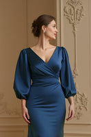 Load image into Gallery viewer, Navy Mermaid Satin V-Neck Long Wedding Guest Dress with Sleeves