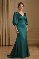 Load image into Gallery viewer, Navy Mermaid Satin V-Neck Long Wedding Guest Dress with Sleeves