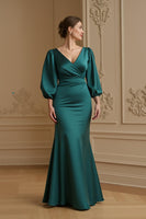 Load image into Gallery viewer, Navy Mermaid Satin V-Neck Long Wedding Guest Dress with Sleeves
