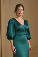 Load image into Gallery viewer, Navy Mermaid Satin V-Neck Long Wedding Guest Dress with Sleeves