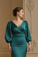 Load image into Gallery viewer, Navy Mermaid Satin V-Neck Long Wedding Guest Dress with Sleeves