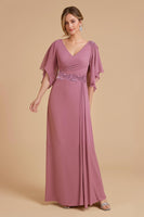 Load image into Gallery viewer, Dusty Rose Sheath Chiffon Long Wedding Guest Dress with Ruffles