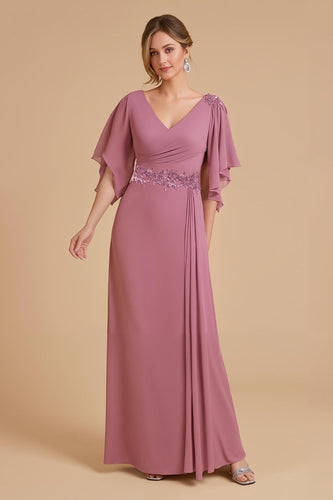 Dusty Rose Sheath Chiffon Long Wedding Guest Dress with Ruffles