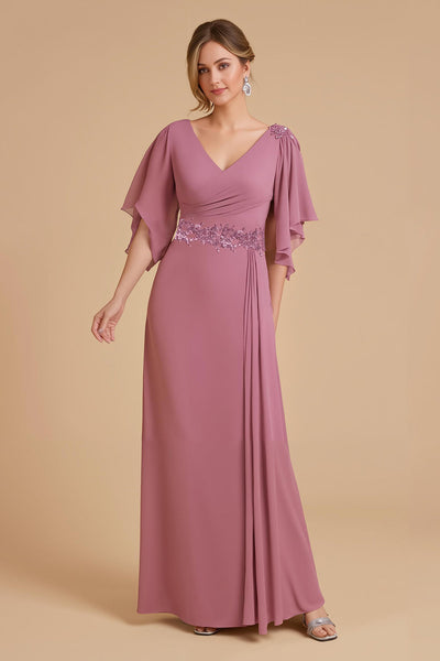 Dusty Rose Sheath Chiffon Long Wedding Guest Dress with Ruffles