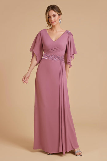 Dusty Rose Sheath Chiffon Long Wedding Guest Dress with Ruffles
