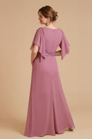 Load image into Gallery viewer, Dusty Rose Sheath Chiffon Long Wedding Guest Dress with Ruffles
