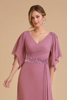 Load image into Gallery viewer, Dusty Rose Sheath Chiffon Long Wedding Guest Dress with Ruffles