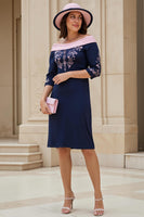 Load image into Gallery viewer, Navy Satin Off The Shoulder Sheath Midi Wedding Guest Dress with Sleeves