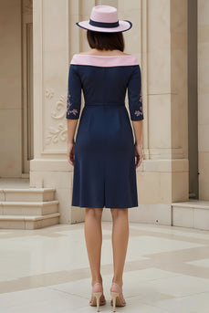 Navy Satin Off The Shoulder Sheath Midi Wedding Guest Dress with Sleeves