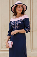 Load image into Gallery viewer, Navy Satin Off The Shoulder Sheath Midi Wedding Guest Dress with Sleeves