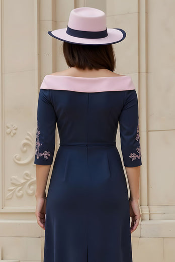 Navy Satin Off The Shoulder Sheath Midi Wedding Guest Dress with Sleeves
