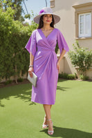 Load image into Gallery viewer, Purple Sheath Ruched Midi Wedding Guest Dress with Sleeves