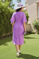 Load image into Gallery viewer, Purple Sheath Ruched Midi Wedding Guest Dress with Sleeves