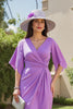Load image into Gallery viewer, Purple Sheath Ruched Midi Wedding Guest Dress with Sleeves