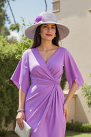Load image into Gallery viewer, Purple Sheath Ruched Midi Wedding Guest Dress with Sleeves