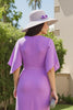 Load image into Gallery viewer, Purple Sheath Ruched Midi Wedding Guest Dress with Sleeves