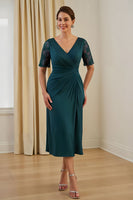 Load image into Gallery viewer, Pine Sheath Ruched V-Neck Midi Wedding Guest Dress with Lace